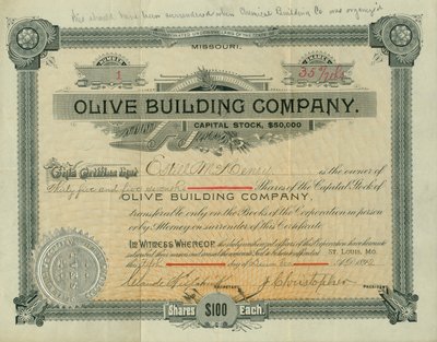 Akciový certifikát společnosti Olive Street Building Company vydaný Estill M. Henrymu, 5. prosince 1892 od Claude Kirkpatrick